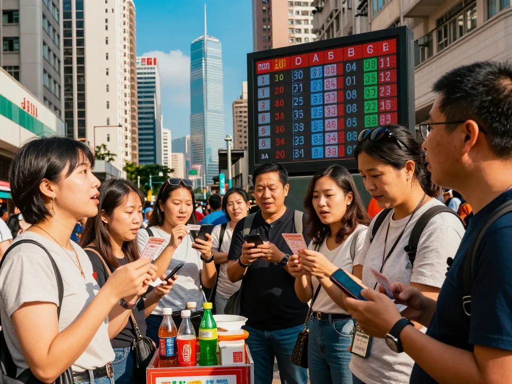 Excited crowd checking Hongkong Lotto results in vibrant urban setting.