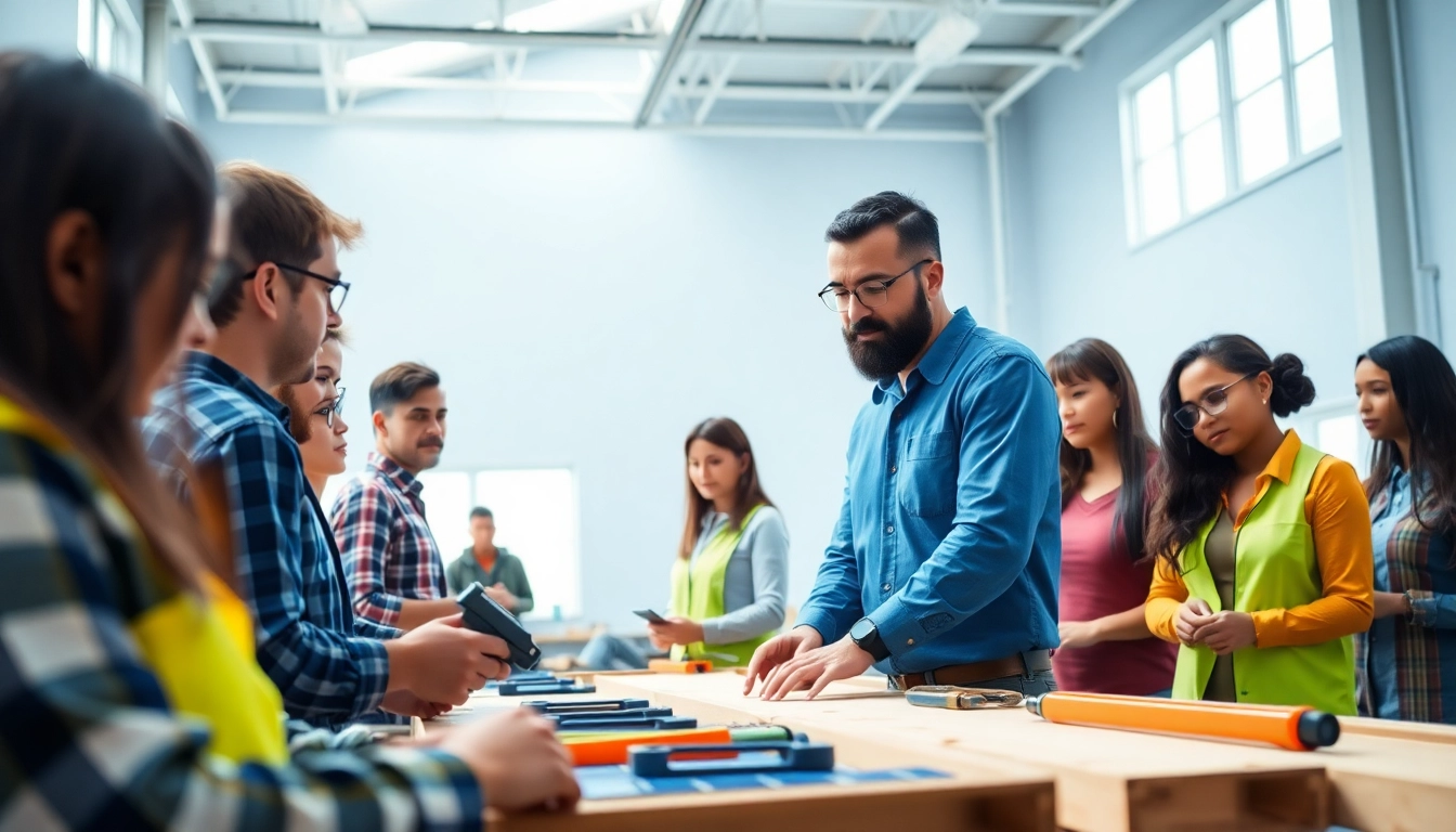 Engage in construction training with hands-on tools in a bright, modern setting.