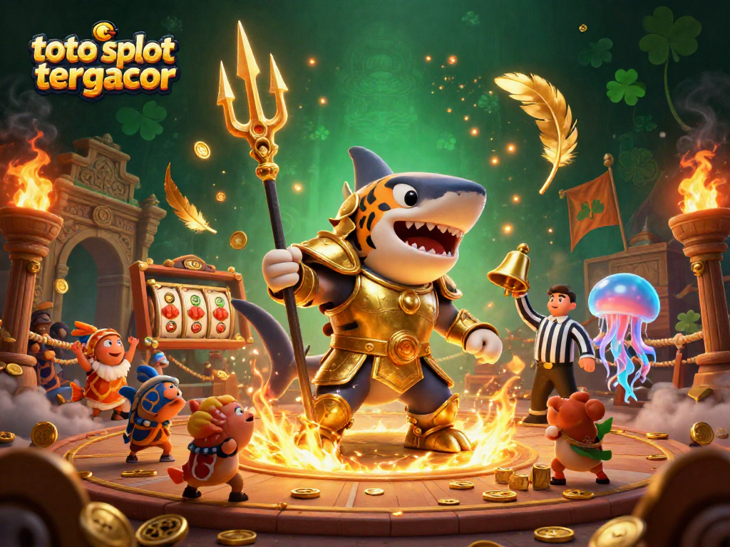 Spin jackpots at toto slot tergacor with a fierce shark in gladiator armor amidst fiery casino excitement.