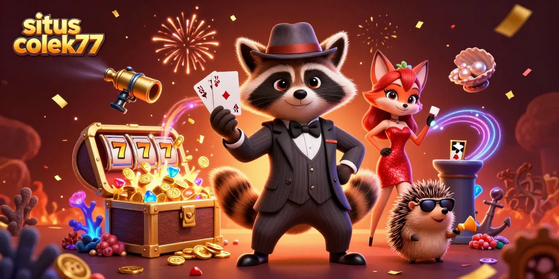 Experience excitement at situs colek77 as a suave raccoon holds a royal flush surrounded by glimmering treasures.