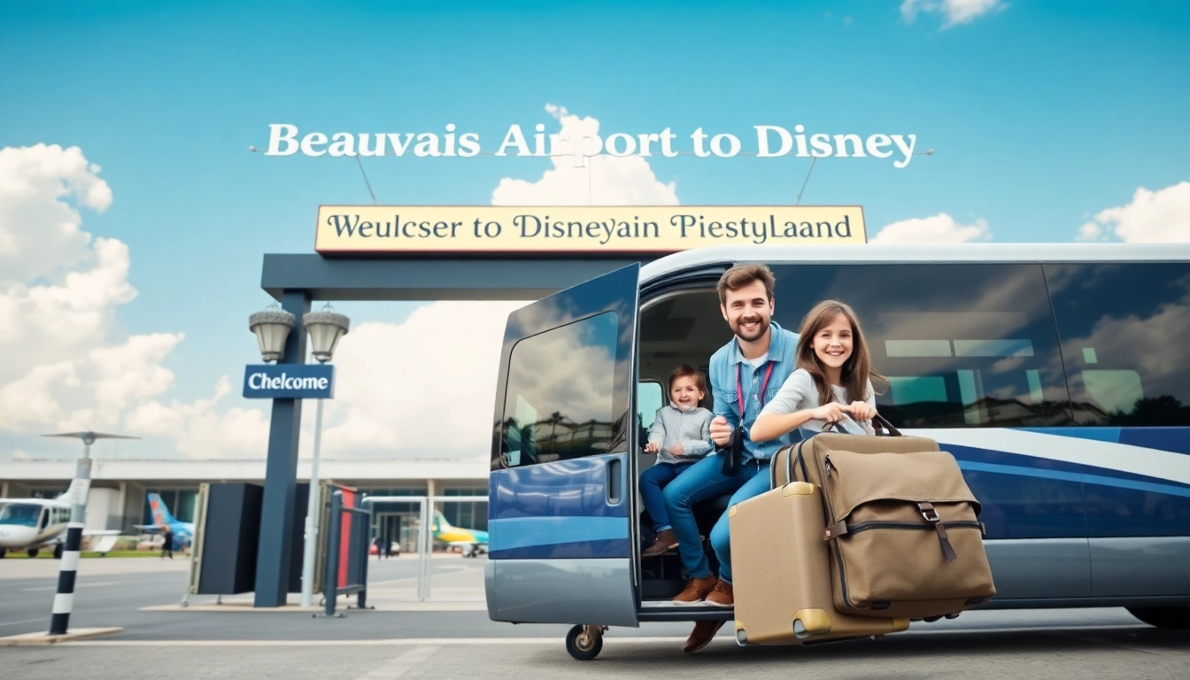 Book a Beauvais Airport to Disney Transfer with a family boarding a cheerful shuttle.