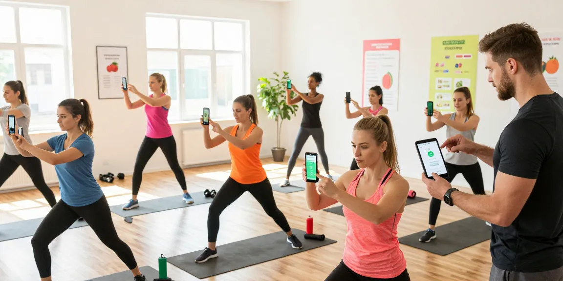 Participants using the best calorie tracker apps in a lively fitness workshop, showcasing diverse activities and technology.