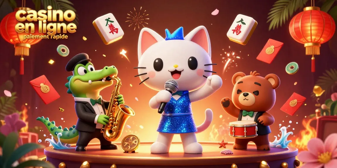 casino en ligne paiement rapide : illustration dynamique d'un chat chanteur sur scène de casino entouré d'éléments festifs