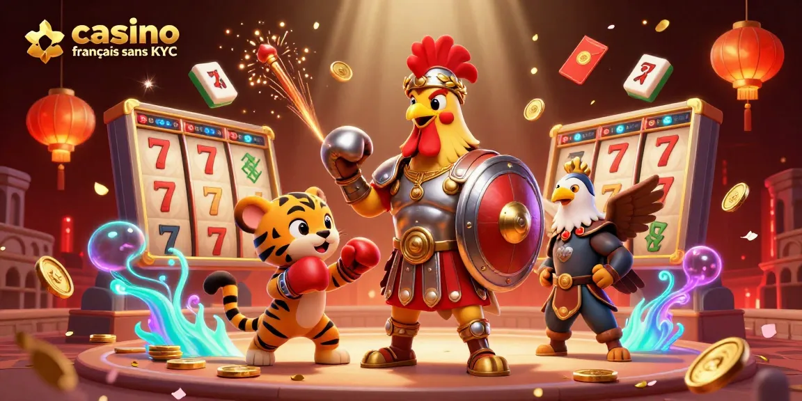 Illustration dynamique d'un casino français sans KYC avec un coq gladiateur et un tigre, symbole de chance.