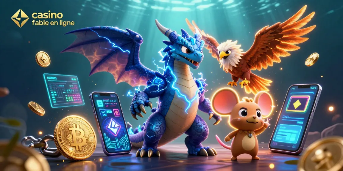 Illustration dynamique de "casino fiable en ligne" avec des personnages de dragon et d'oiseau en 3D illustrant la passion du jeu.