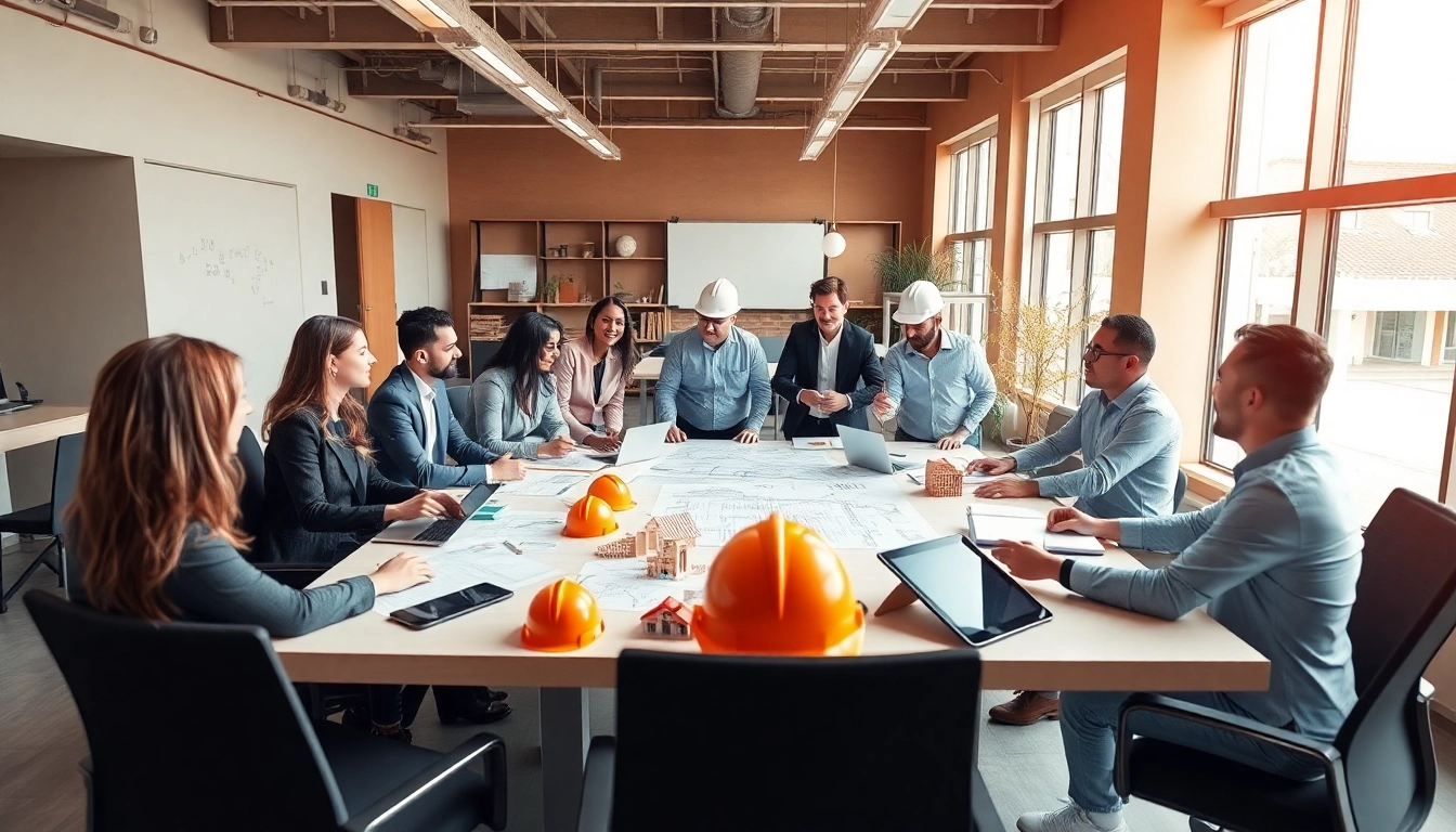 Engaging discussion at a construction advocacy meeting with diverse professionals in bright office.