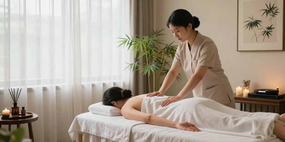 1인샵 massage room with calming ambiance, therapist providing Swedish massage to client.