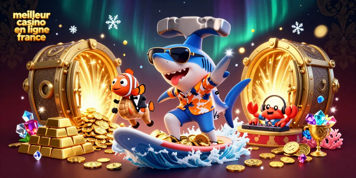 Illustration de jeux dans le meilleur casino en ligne France avec un requin qui surfe sur des pièces d'or.