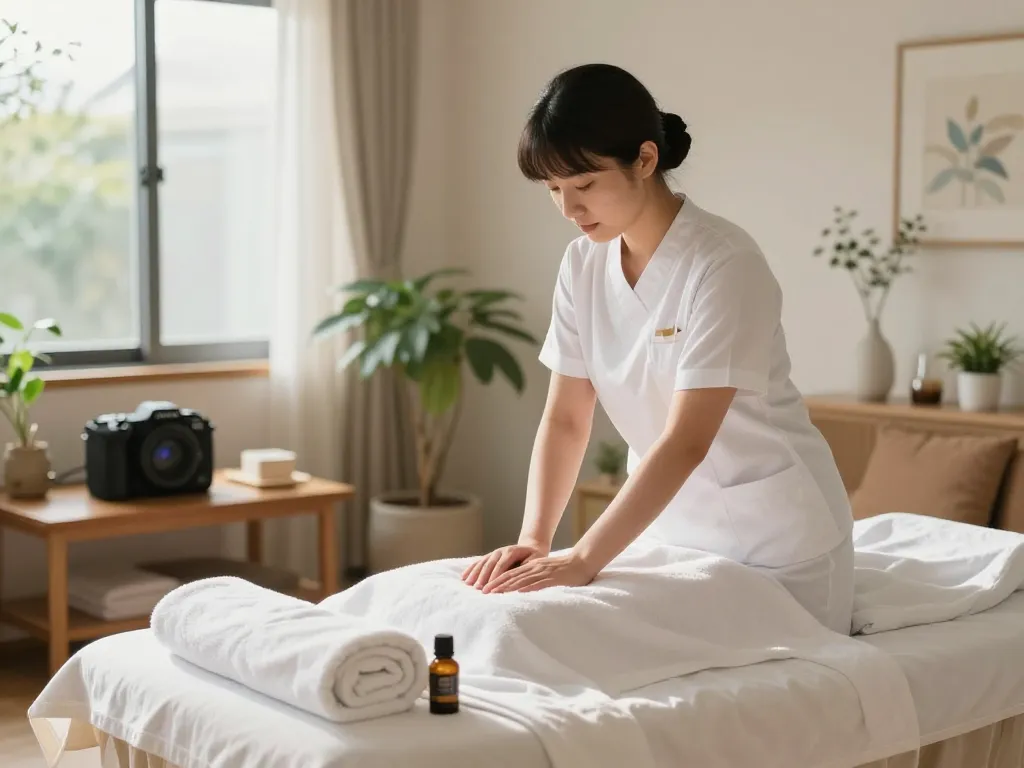Relaxing home massage therapy scene highlighting services from https://www.maxim-anma.net with a professional therapist preparing for a session.