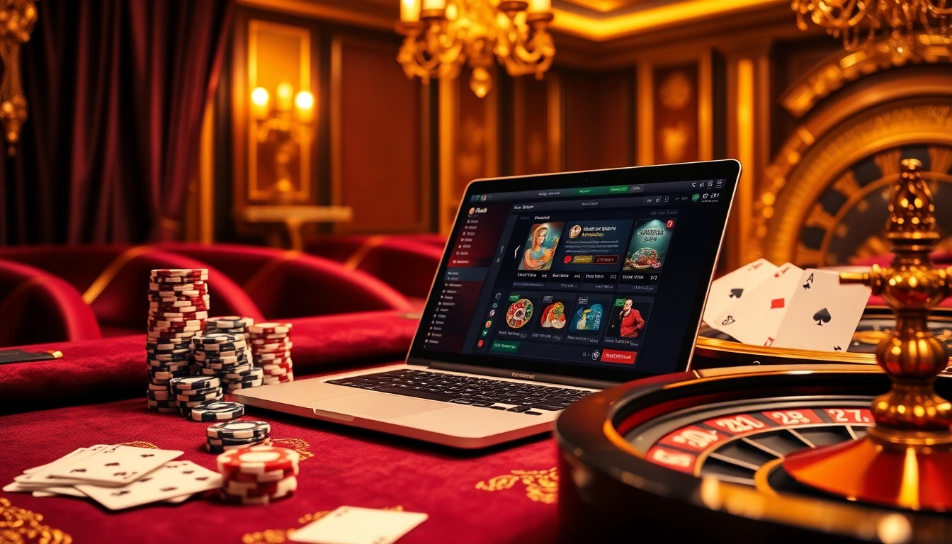 Une scène de casino vibrante mettant en avant une plateforme de jeu en ligne fiable (casino en ligne fiable) avec des jetons de poker et une roulette.