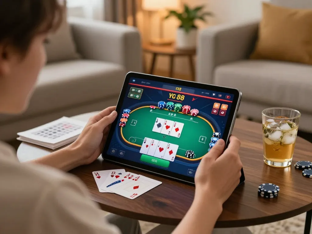 Engaged player enjoying w 88 online poker on tablet with strategy notes in cozy home.