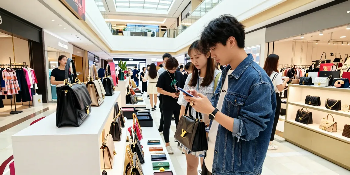 Engaging shopping experience at a 레플리카 쇼핑몰 with trendy displays and stylish consumers.