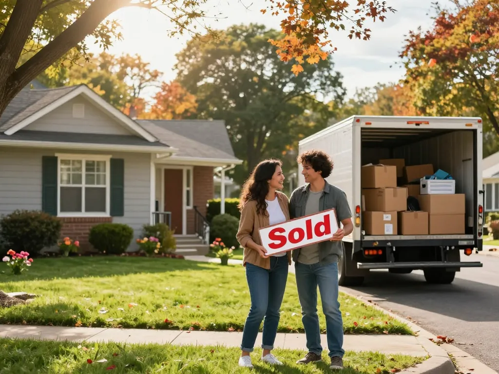Cash home buyers celebrating the sale of their house with a family holding a sold sign in a vibrant neighborhood.