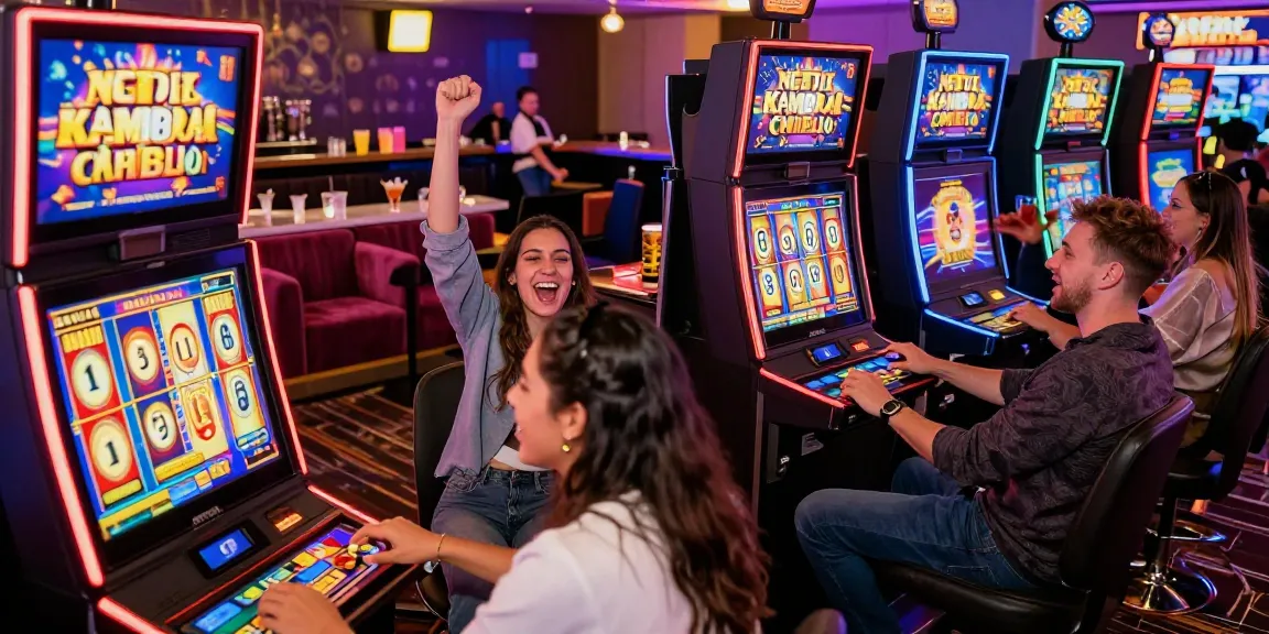 Friends enjoying the thrill of slot kamboja in a vibrant online casino atmosphere.