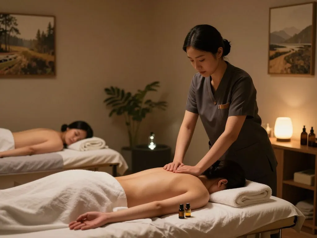 1인샵 massage therapist providing a calming session in a tranquil studio.