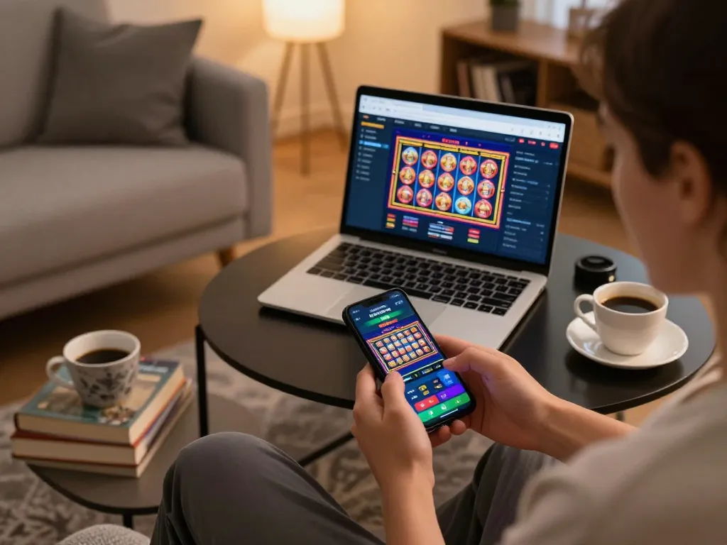 Engaging with casino online americani on a smartphone at home, showcasing exciting gameplay.