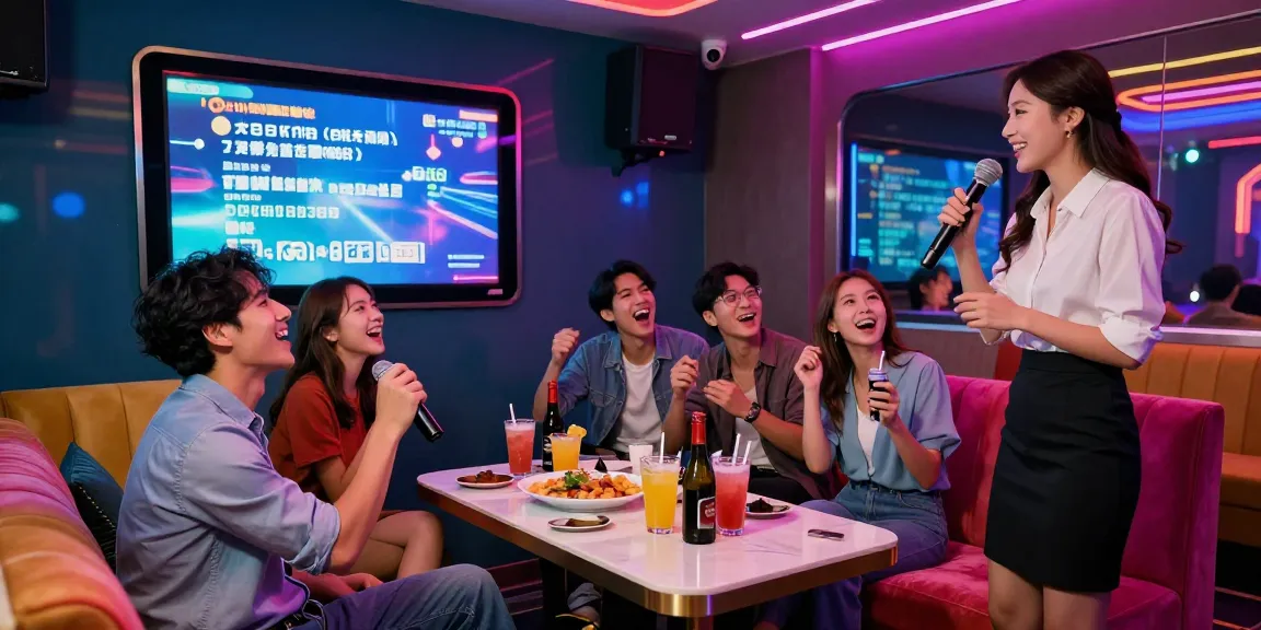 Group enjoying a vibrant 강남가라오케 night out, featuring private room and colorful lighting.
