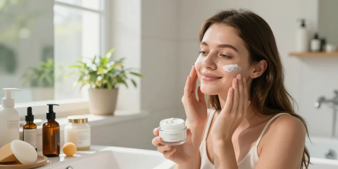 Femeie aplicând cremă hidratantă pentru față într-o baie luminoasă plină cu produse de îngrijire a pielii și lumină naturală.