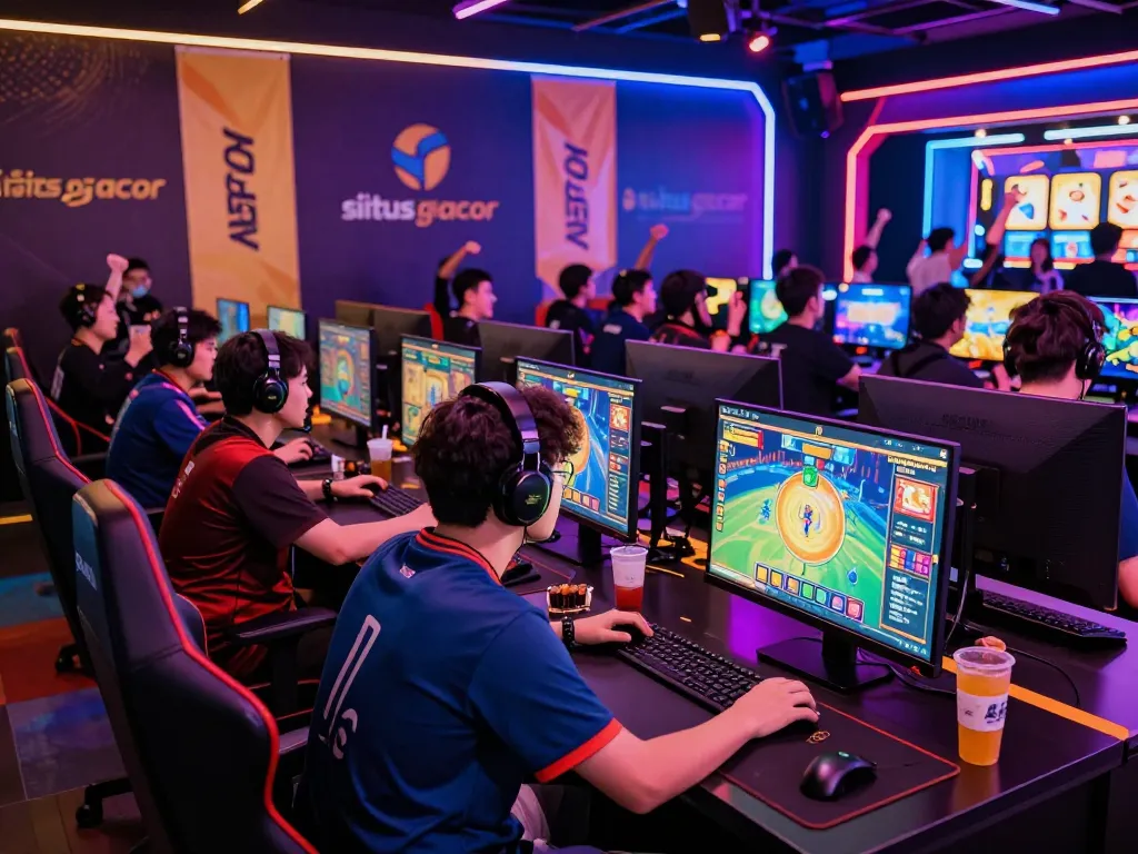 Gamers immersed in a thrilling situs gacor esports event surrounded by vibrant LED lights and cheering crowd.
