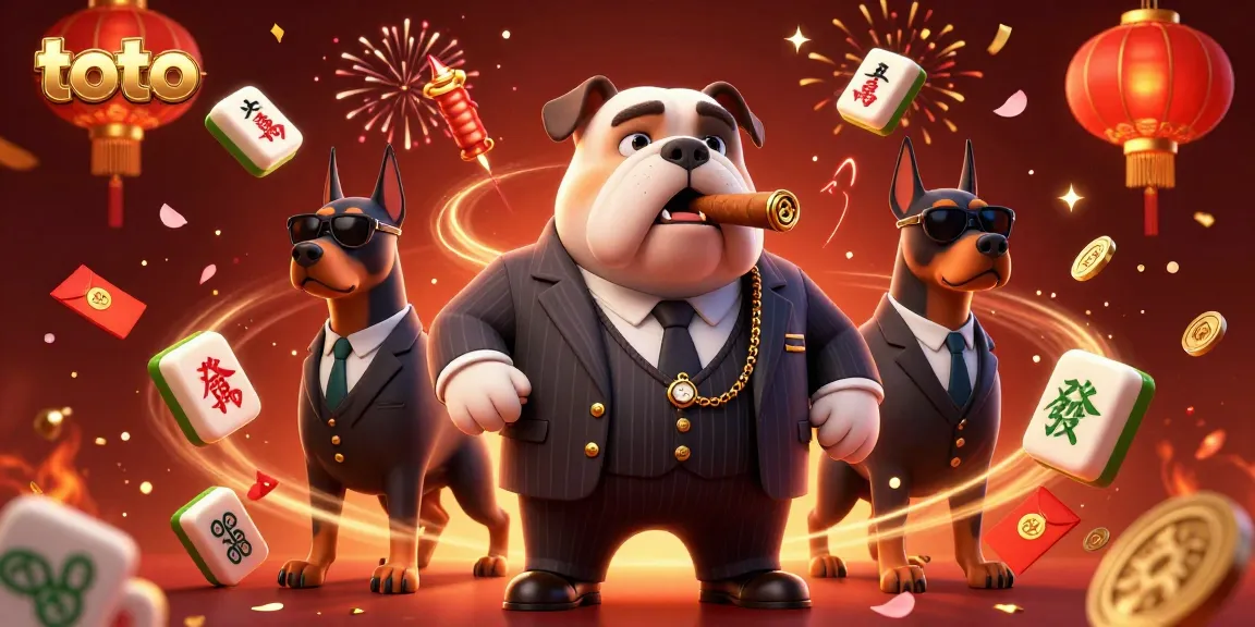 Toto-themed casino illustration showcasing a mafia bulldog and Doberman bodyguards surrounded by festive gambling elements.