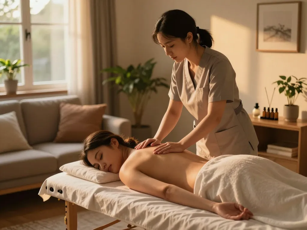 편안함과 웰빙을 강조하는 아늑한 집 환경에서 전문 치료사가 출장마사지를 제공하는 장면