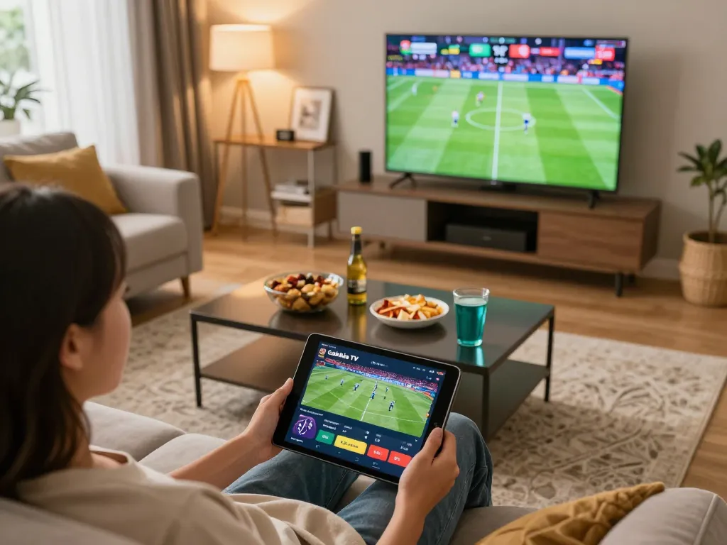 Person enjoying live sports betting on Cakhia TV with tablet, cozy home environment.