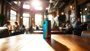 Elfbar Vape Gerät auf einem eleganten Holztisch in einem Café, perfekt für stilvolle Momente.