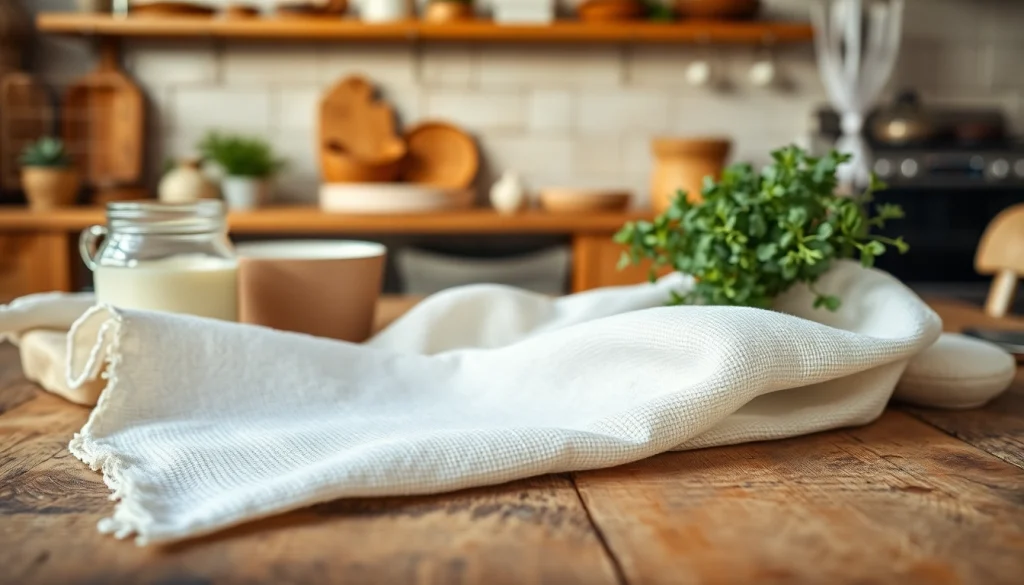 Kaasdoek op een rustieke tafel met verse ingrediënten voor een gezonde keuken.