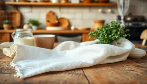 Kaasdoek op een rustieke tafel met verse ingrediënten voor een gezonde keuken.