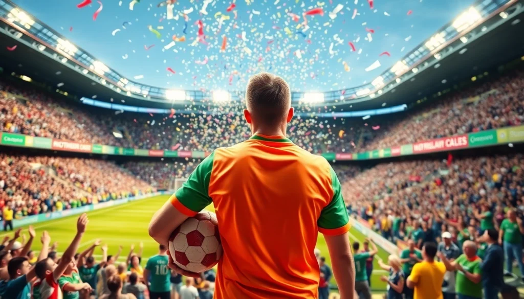 Excited fan wearing discount football shirts in a vibrant stadium atmosphere.