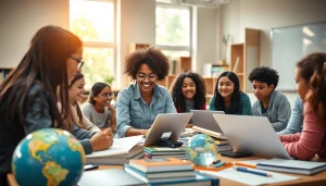 Engaged students collaborating in a bright classroom emphasizing Education through interactive learning.