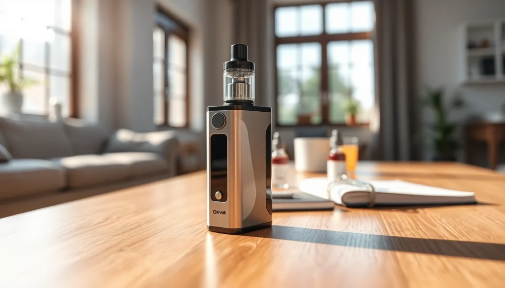 Der Oxva Vape wird stilvoll auf einem Tisch präsentiert, umgeben von modernen Akzenten.