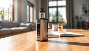 Der Oxva Vape wird stilvoll auf einem Tisch präsentiert, umgeben von modernen Akzenten.