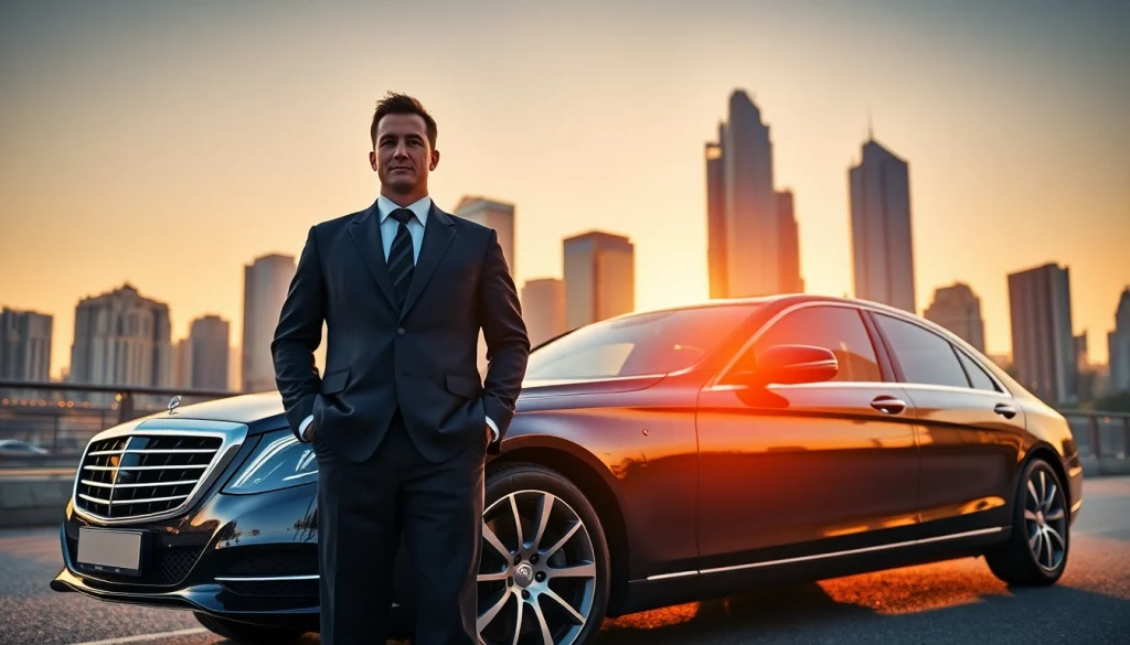 Chauffeur Hire service with a professional driver beside a luxury sedan in a vibrant cityscape
