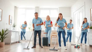 Experience top-notch cleaning service in a modern home with professional cleaners at work.