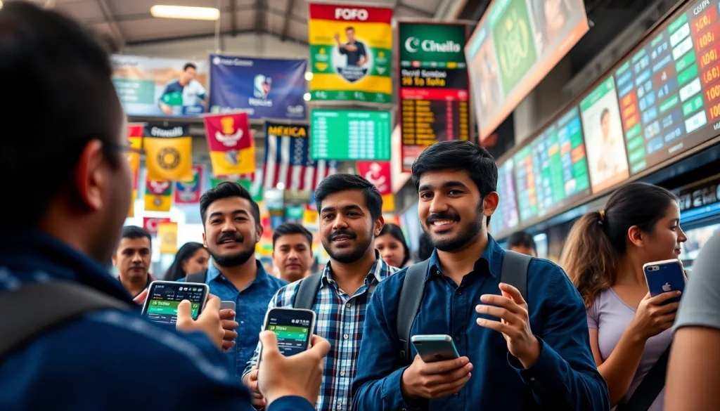 Engaging scene of sports betting in Mexico, showing enthusiastic bettors analyzing odds in a lively market.