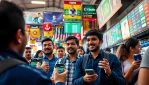 Engaging scene of sports betting in Mexico, showing enthusiastic bettors analyzing odds in a lively market.