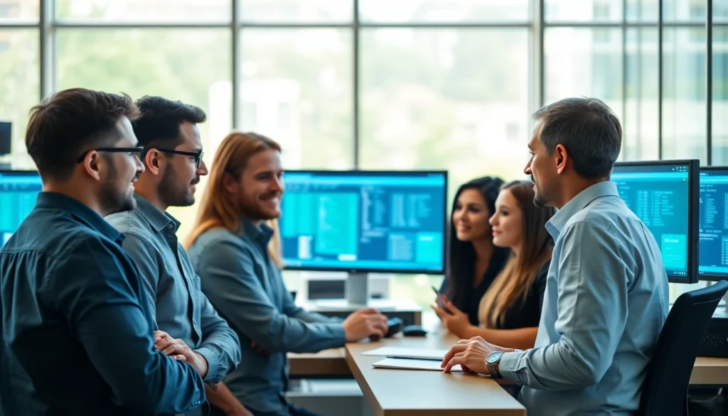 Proxmox Virtualization Experts collaborating in a modern office, showcasing technology and teamwork.