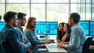 Proxmox Virtualization Experts collaborating in a modern office, showcasing technology and teamwork.