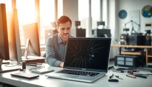 Repair technician performing computer repair on a laptop with a cracked screen.