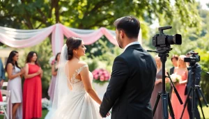 Professional videographers in Toronto filming a picturesque wedding ceremony amidst lush greenery.