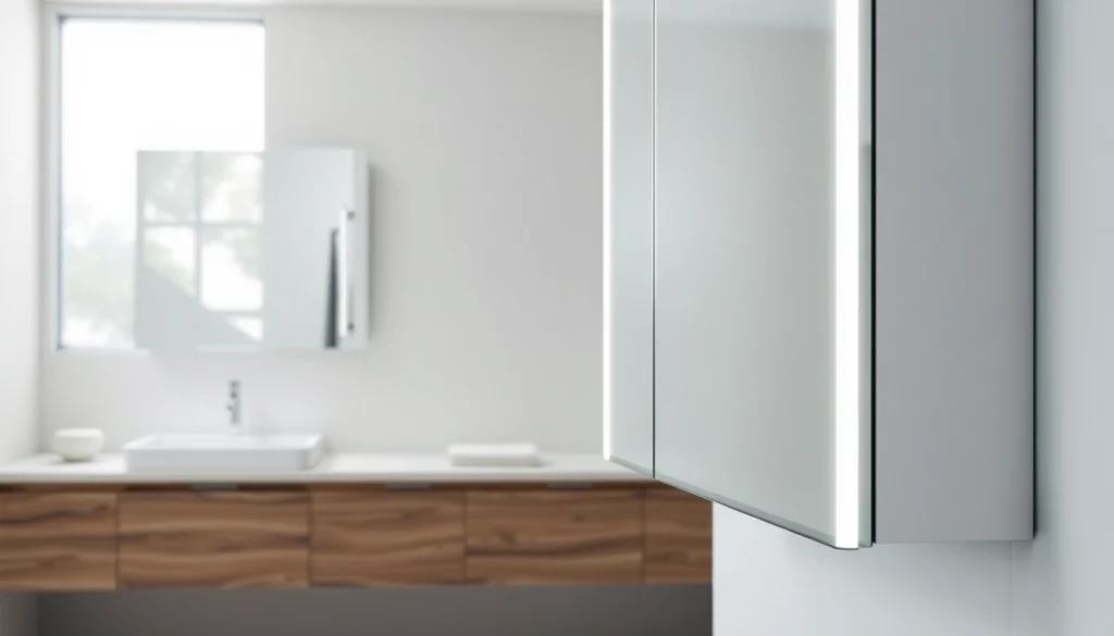 Spiegelschrank LED mit elegantem Design und integrierter Beleuchtung im Badezimmer präsentieren.