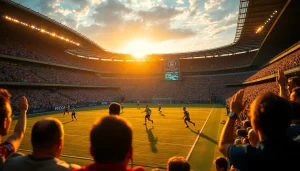 축구중계에서 선수들이 경기를 하는 생생한 장면과 열광하는 관중들