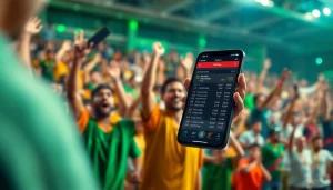 Engaging scene illustrating sports betting apps India on a smartphone amidst an energetic sports event.