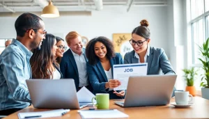 Engaging scene of diverse professionals discussing a free job post chicago in a modern office.