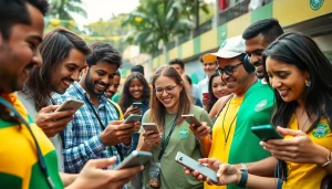 Engaged bettors using best sports betting sites in Brazil apps in a lively outdoor scene