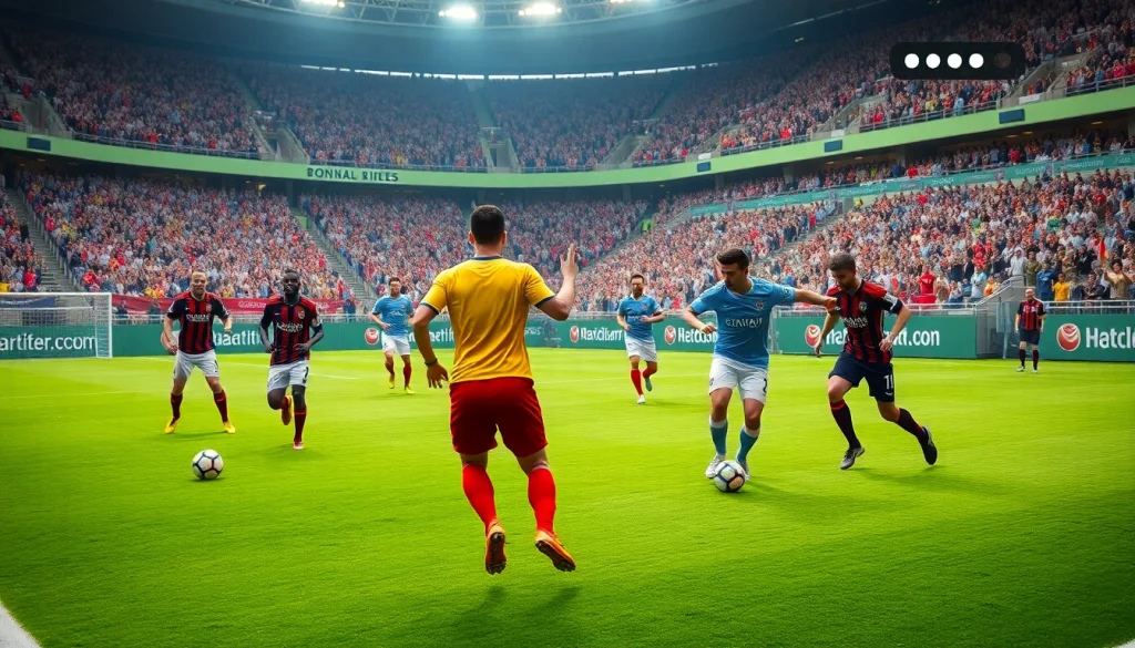 축구중계 생중계 중 선수들의 뛰는 모습과 팬들의 열정적인 응원이 담긴 장면.