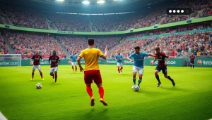 축구중계 생중계 중 선수들의 뛰는 모습과 팬들의 열정적인 응원이 담긴 장면.