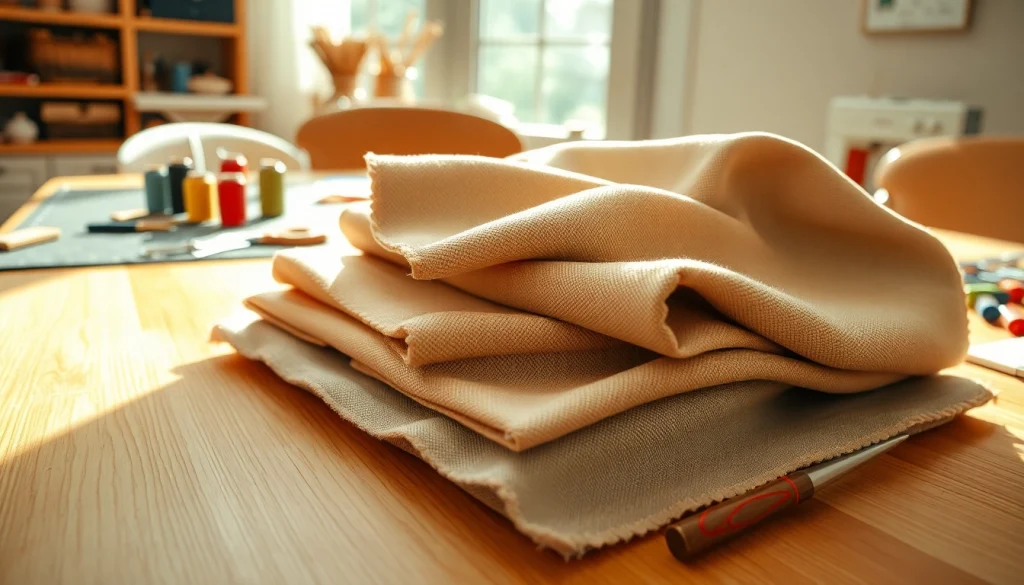 Canvas stoffen met verschillende texturen, verspreid over een houten tafel, omringd door naaigereedschap.