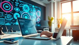 Showcasing innovative technology tools in a lively workspace environment